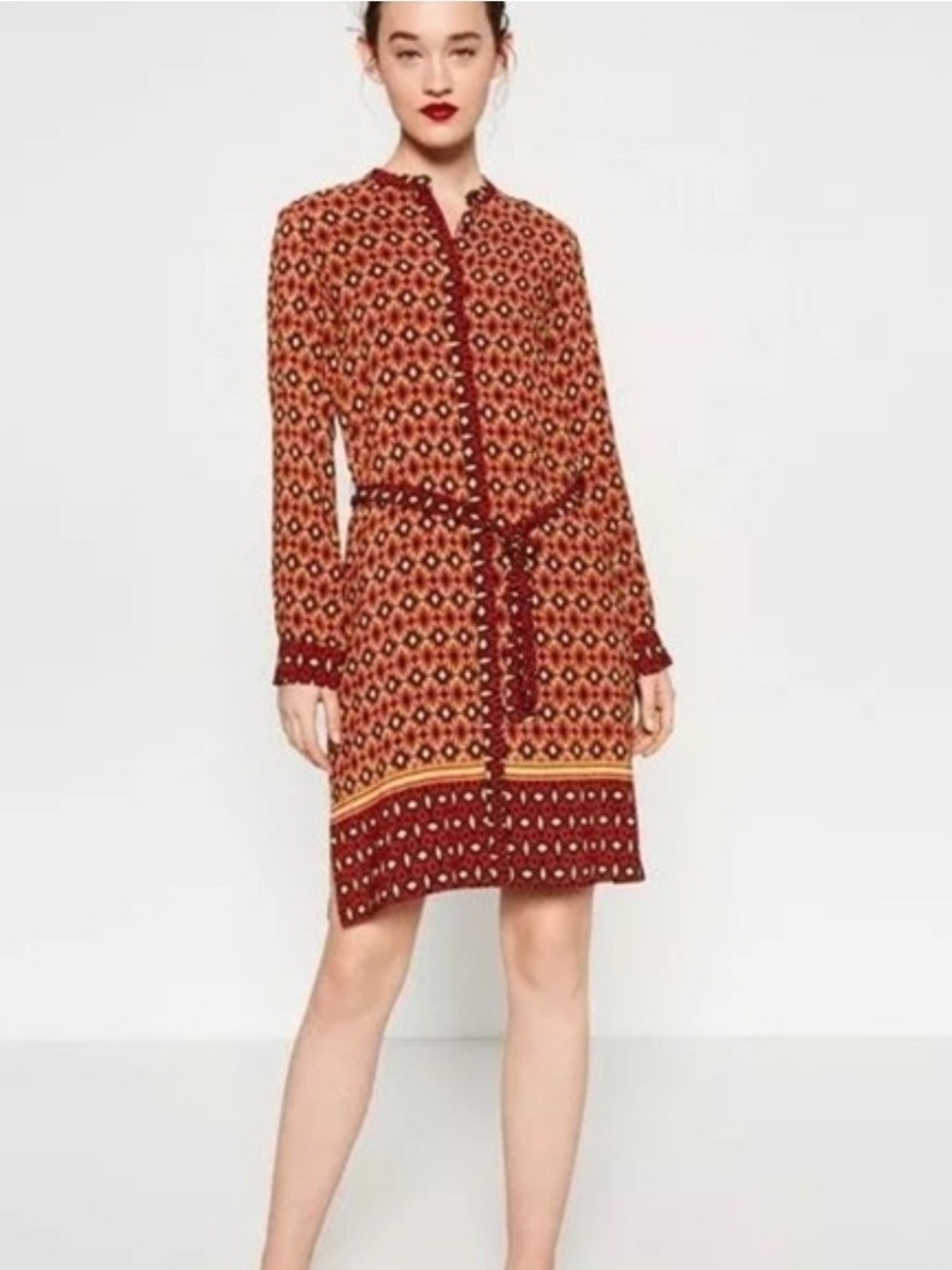Zara Women Geometric  Print Long-Sleeve Shirt Dress in Rust Red